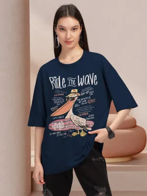 Trendy Navy Printed Oversized T-shirt for Women