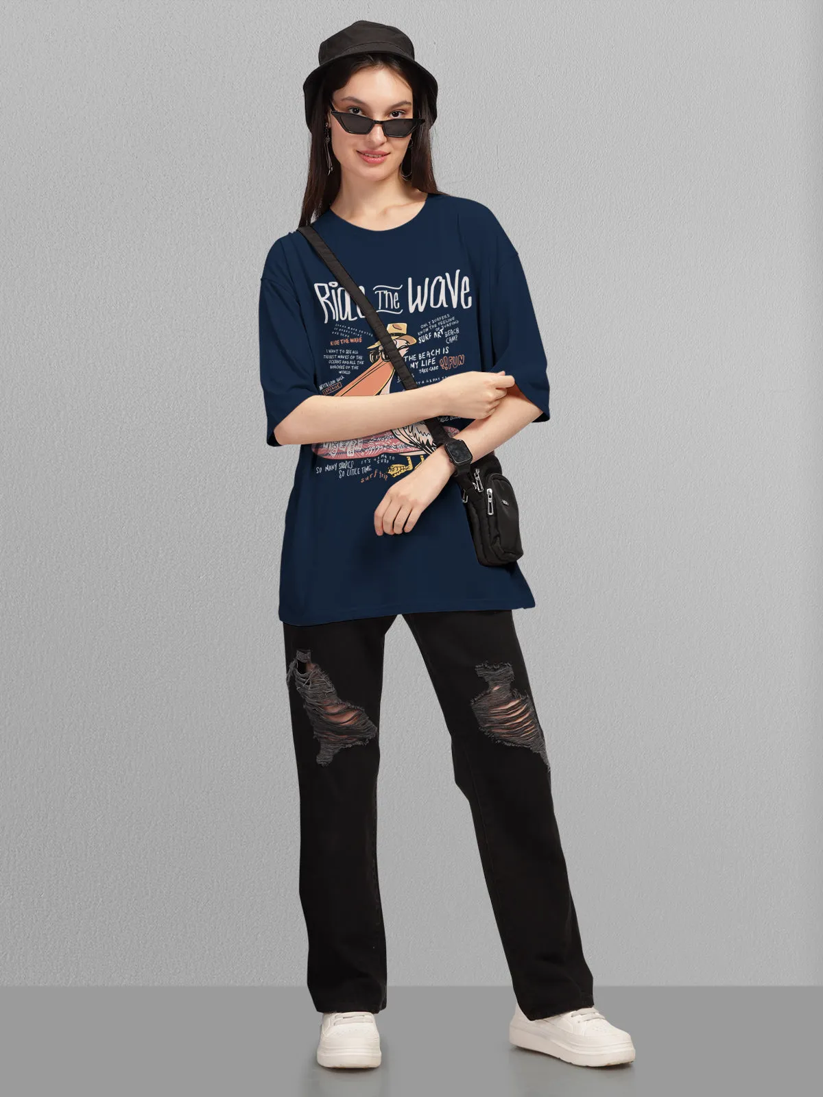 Trendy Navy Printed Oversized T-shirt for Women