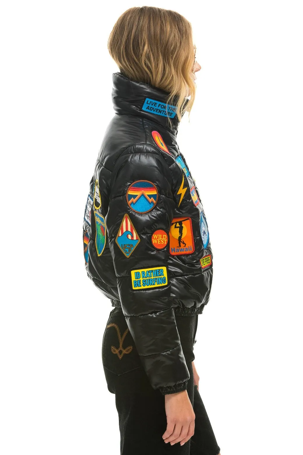 VINTAGE PATCH APRES PUFFER JACKET - BLACK GLOSSY