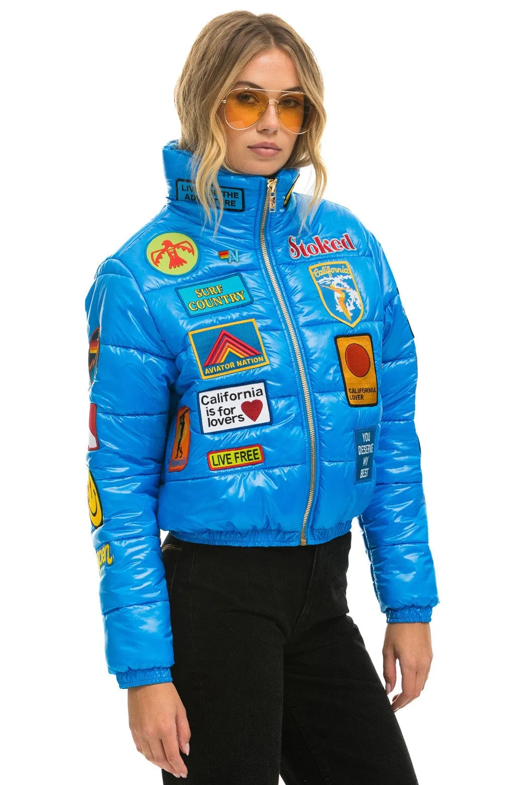 VINTAGE PATCH APRES PUFFER JACKET - BLUE CINA GLOSSY