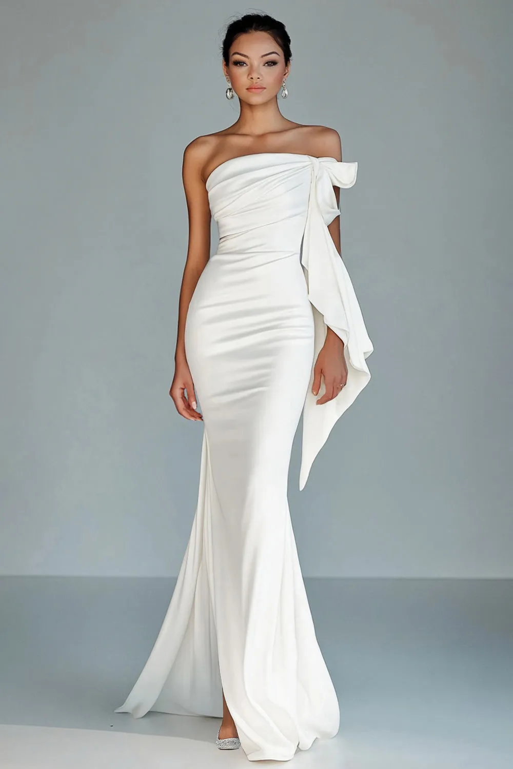 White Strapless Mermaid Ruffled Formal Dress