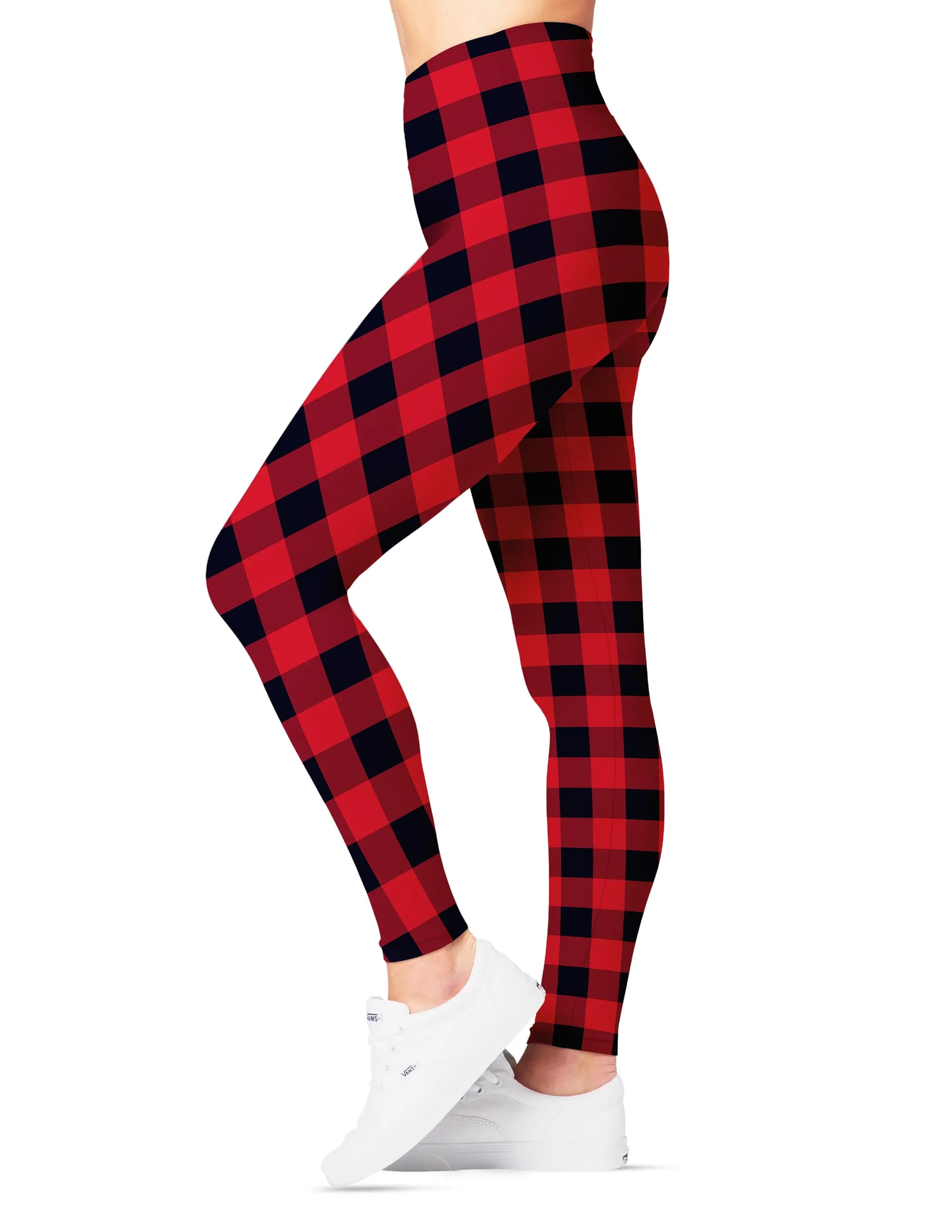 Womens Christmas Pants - Buttery Soft Highwaisted Holiday Leggings, Red Plaid,