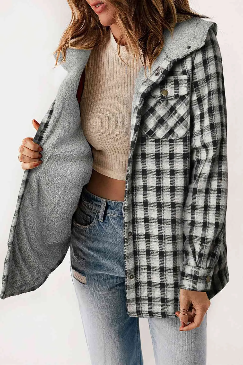 Women’s Plaid Snap Jacket Fall and Winter Fashion - Checkered Shirt Jacket