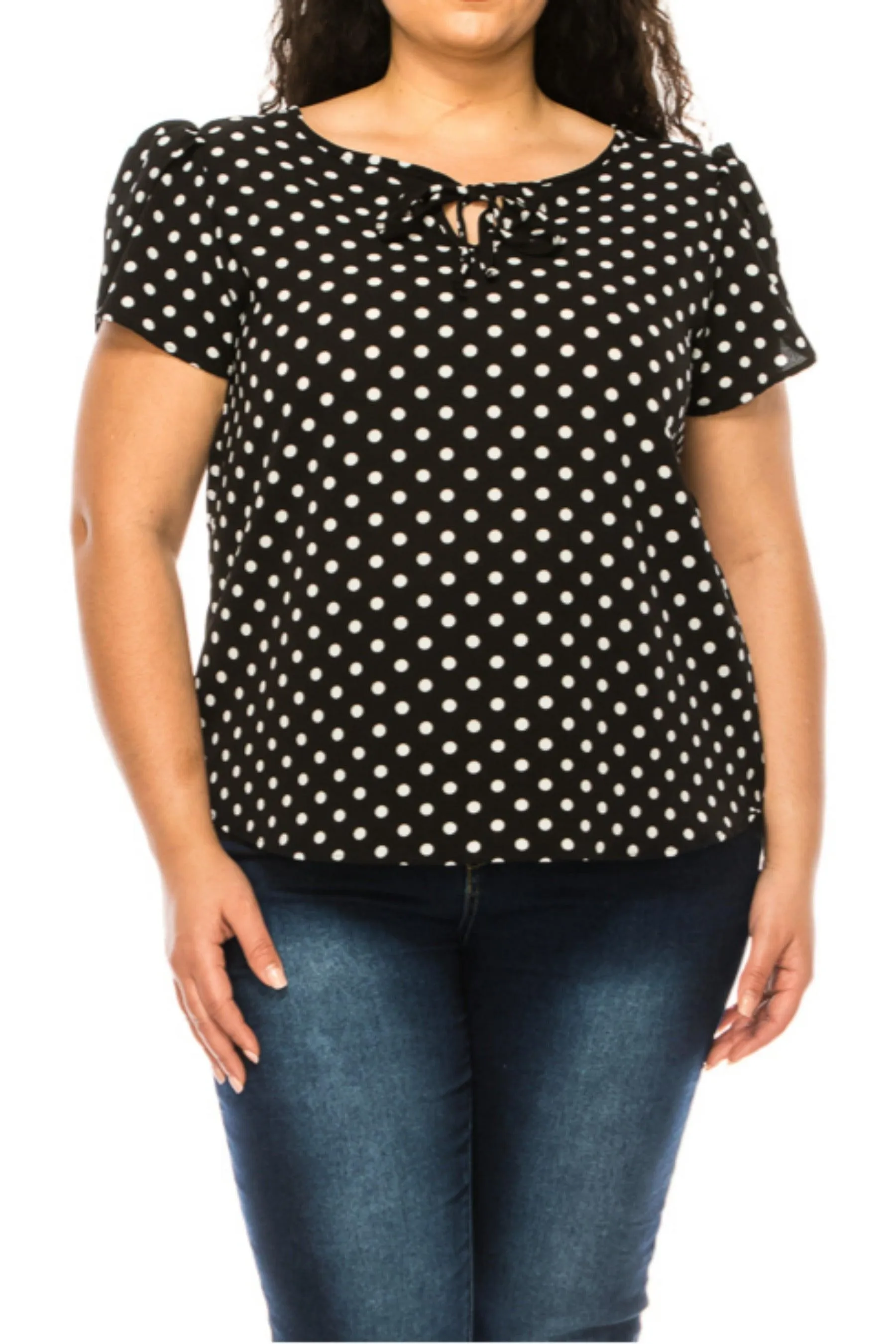 Women's Plus Size Polka Dot Overlapping Short Sleeve Ribbon Accent Top