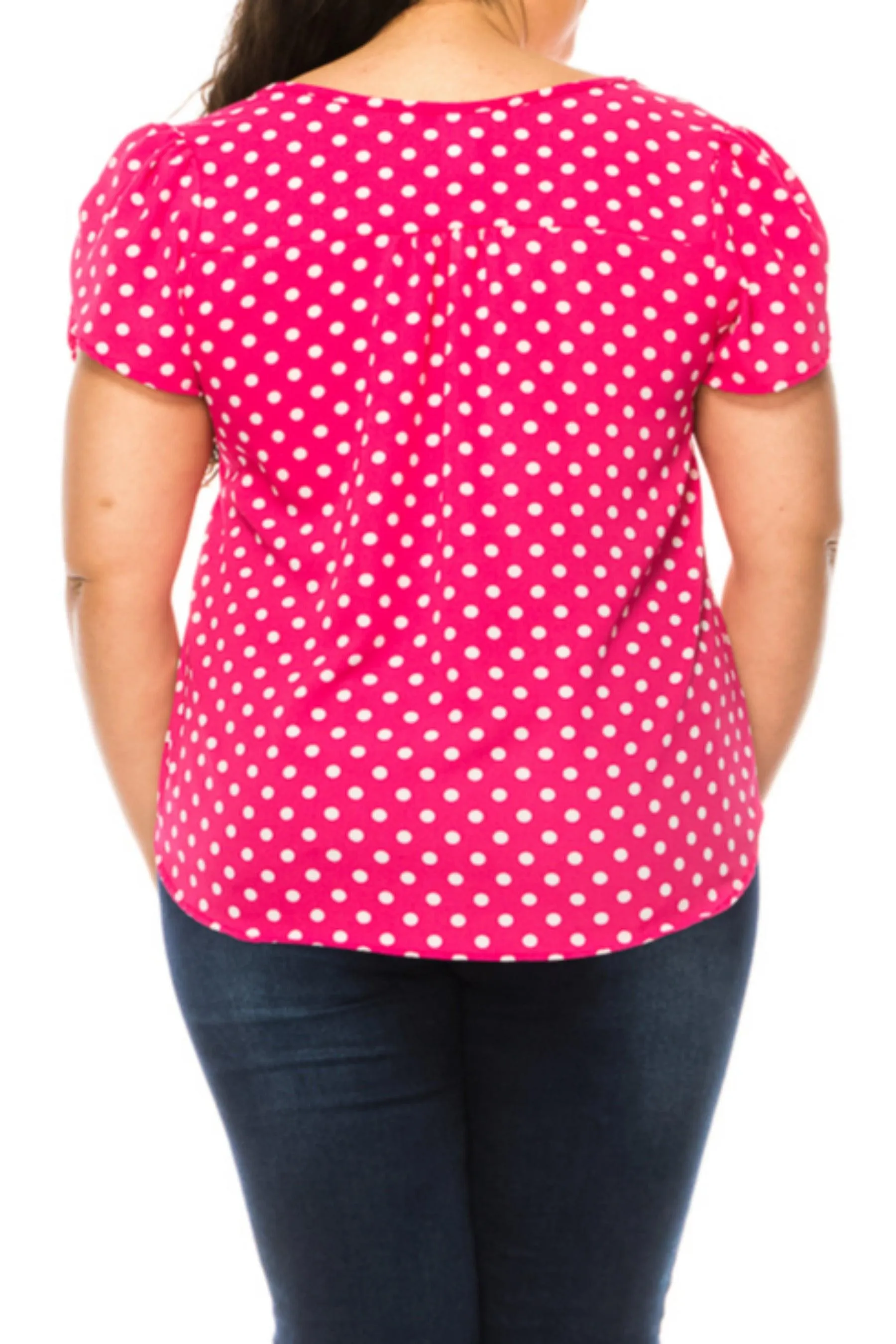 Women's Plus Size Polka Dot Overlapping Short Sleeve Ribbon Accent Top