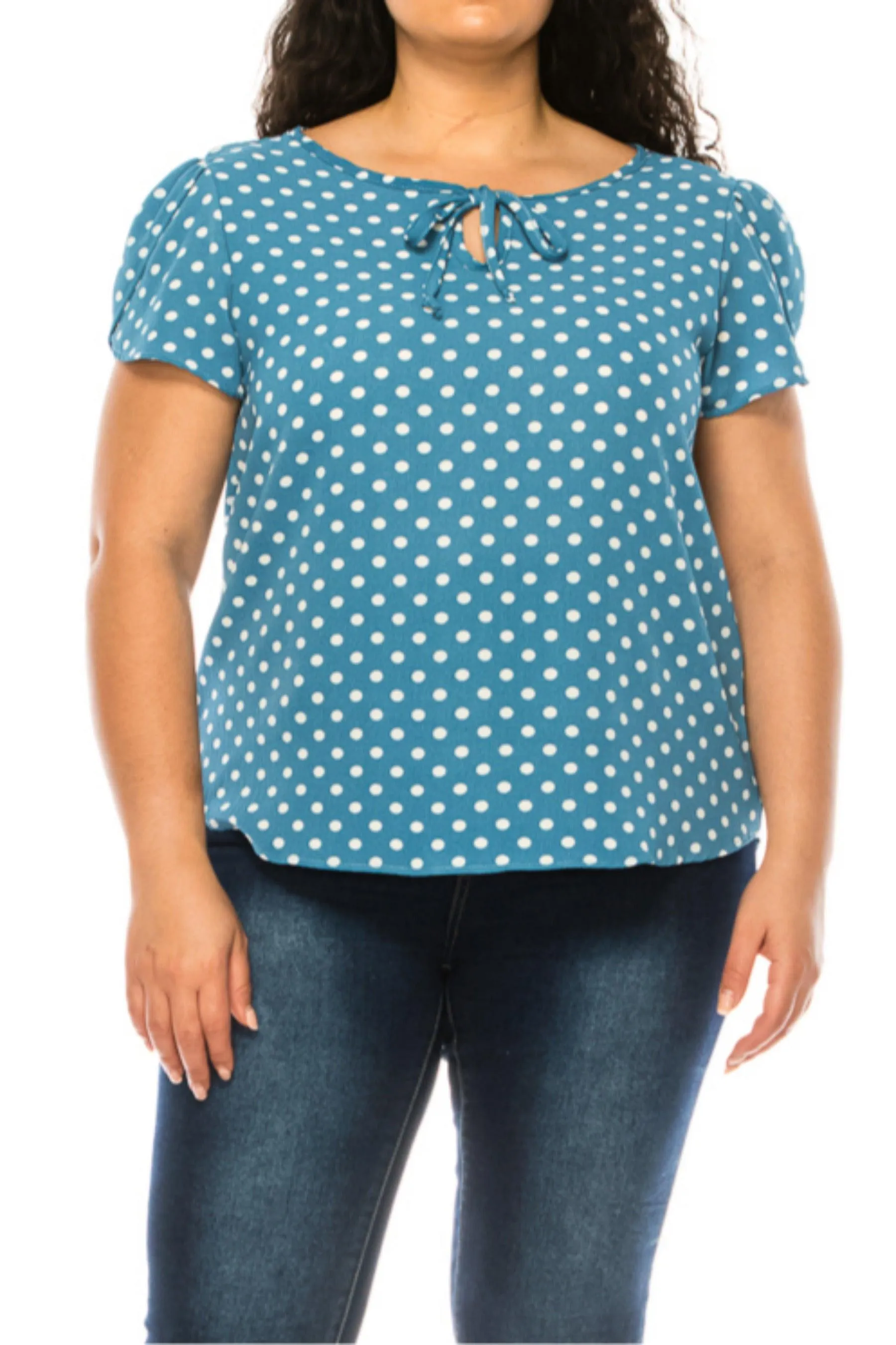 Women's Plus Size Polka Dot Overlapping Short Sleeve Ribbon Accent Top