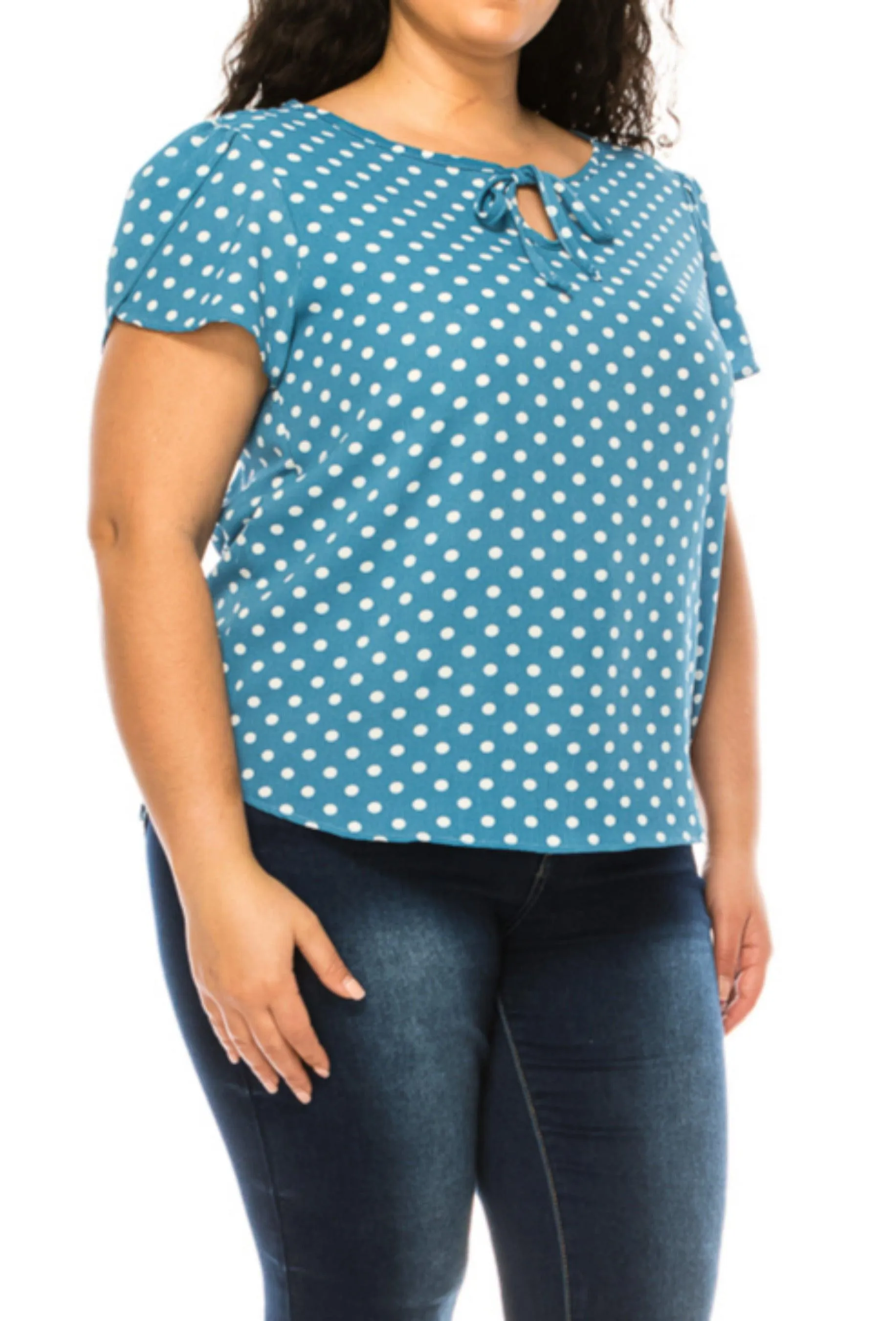 Women's Plus Size Polka Dot Overlapping Short Sleeve Ribbon Accent Top