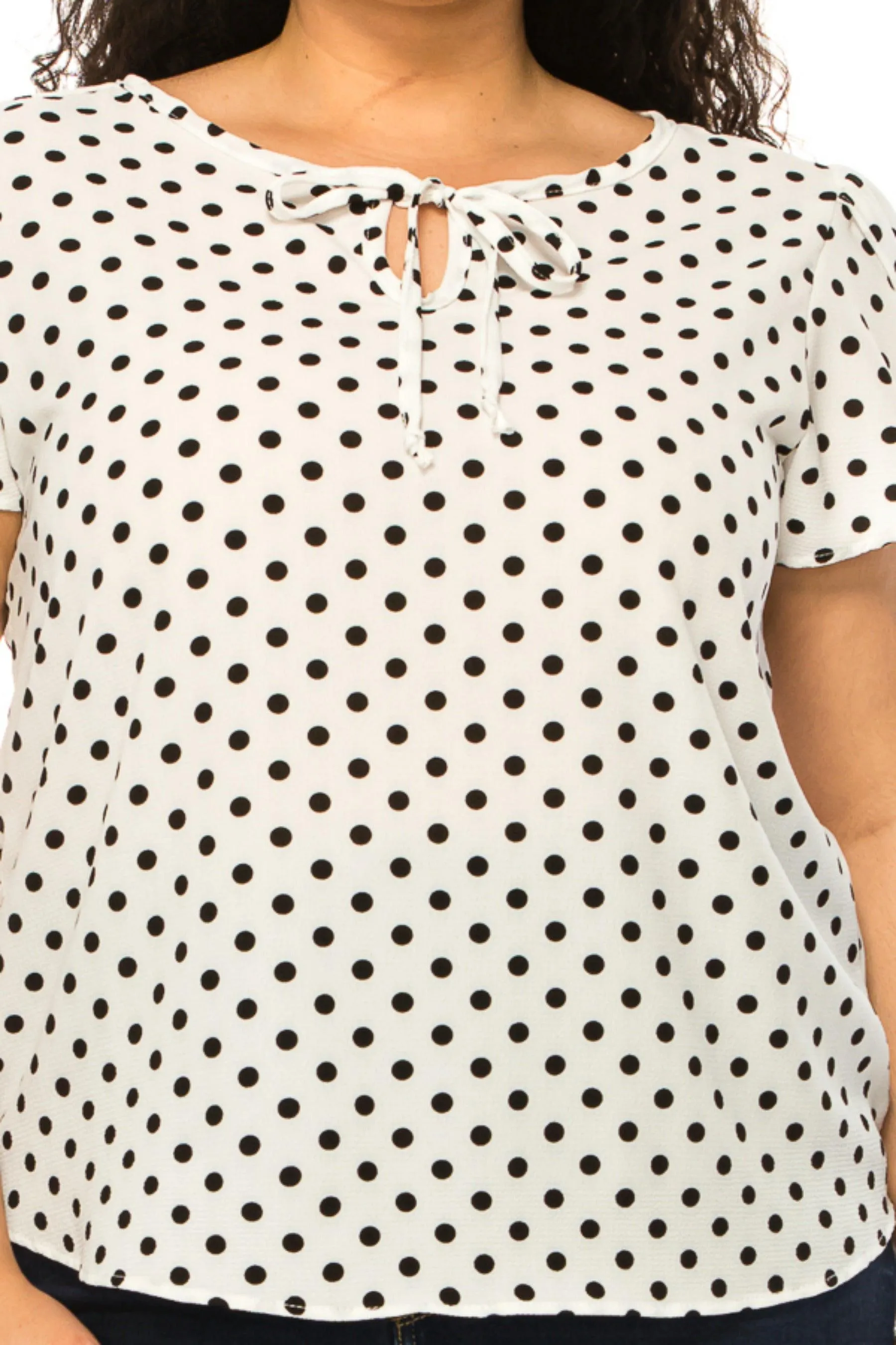 Women's Plus Size Polka Dot Overlapping Short Sleeve Ribbon Accent Top