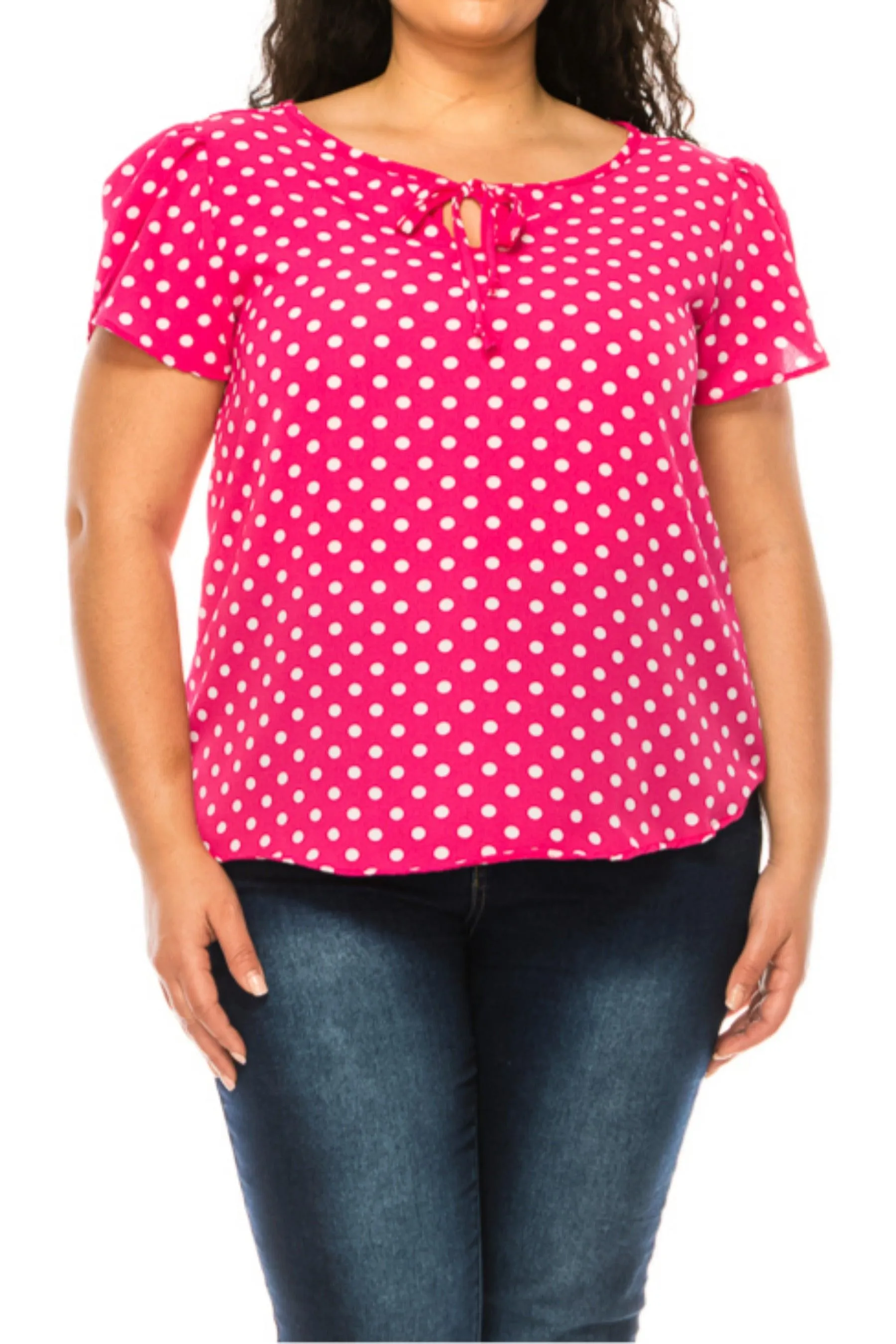 Women's Plus Size Polka Dot Overlapping Short Sleeve Ribbon Accent Top