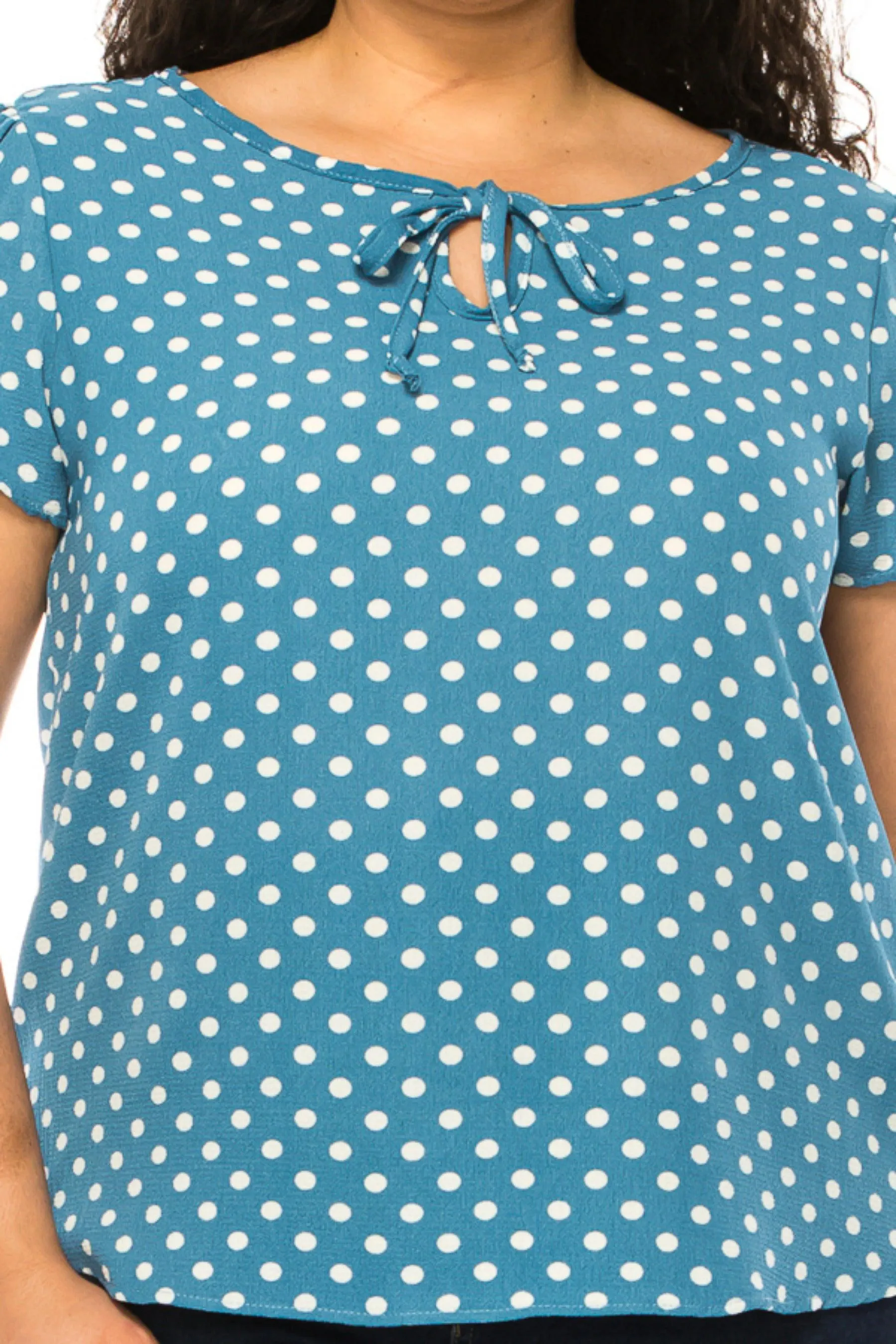 Women's Plus Size Polka Dot Overlapping Short Sleeve Ribbon Accent Top