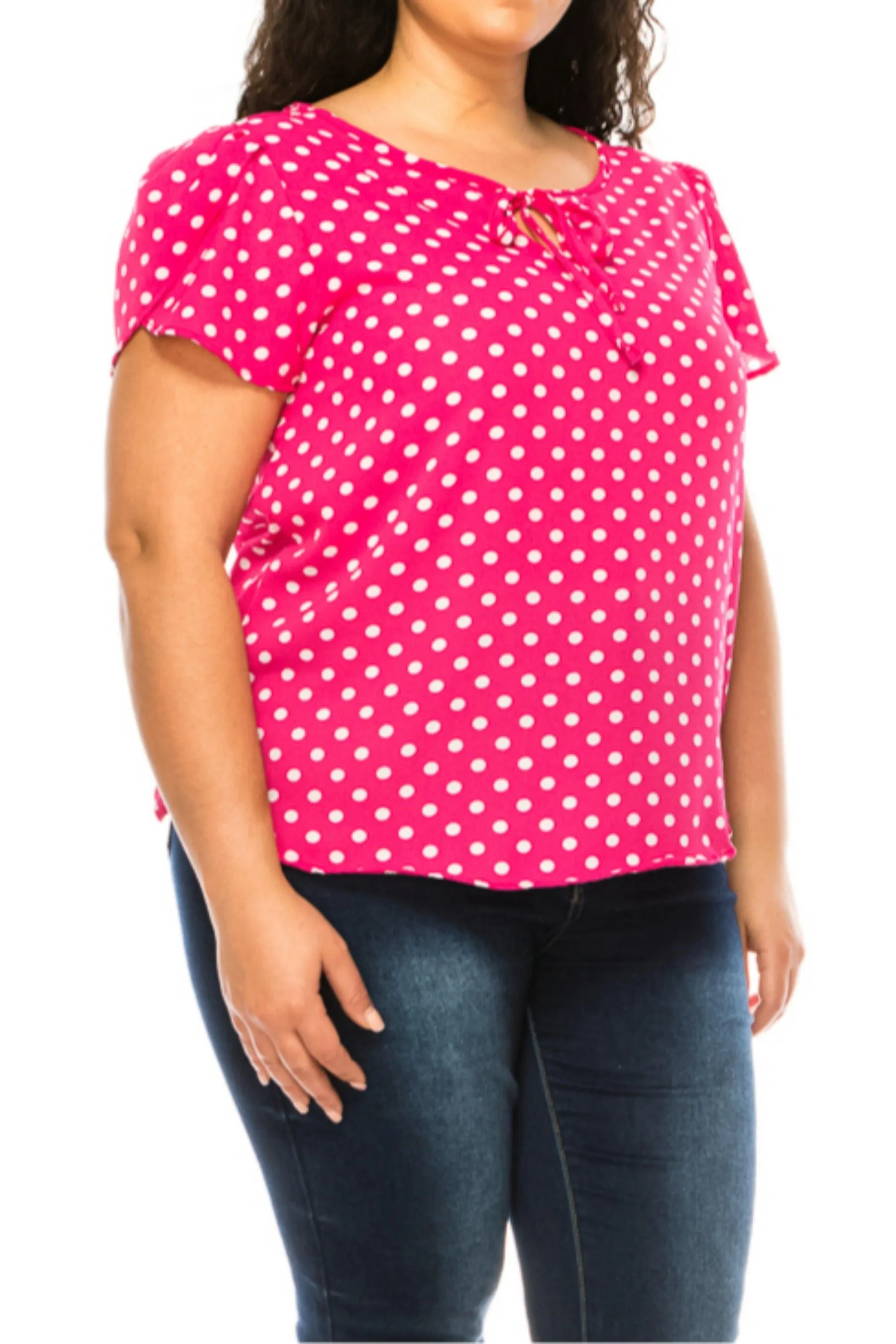 Women's Plus Size Polka Dot Overlapping Short Sleeve Ribbon Accent Top