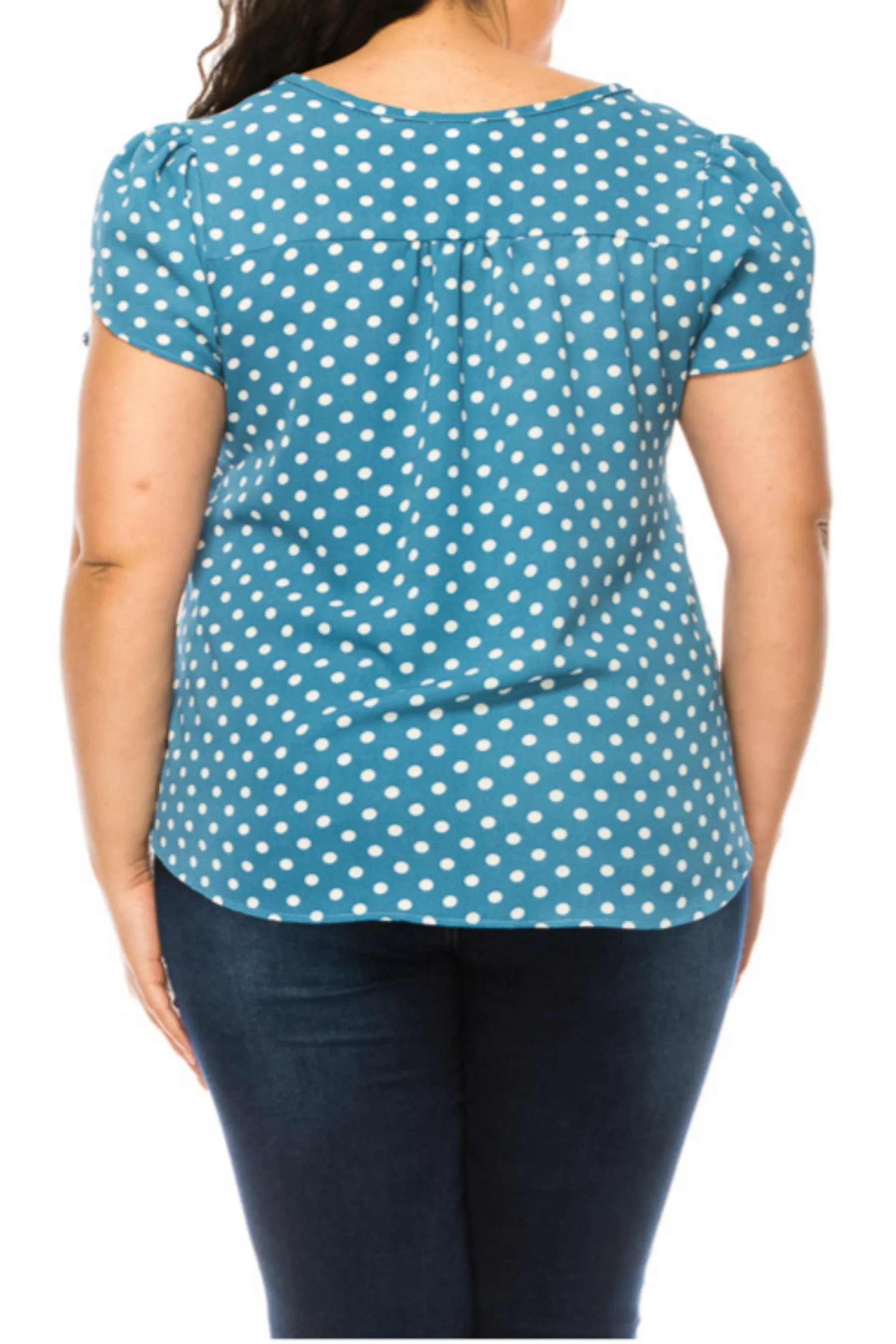 Women's Plus Size Polka Dot Overlapping Short Sleeve Ribbon Accent Top