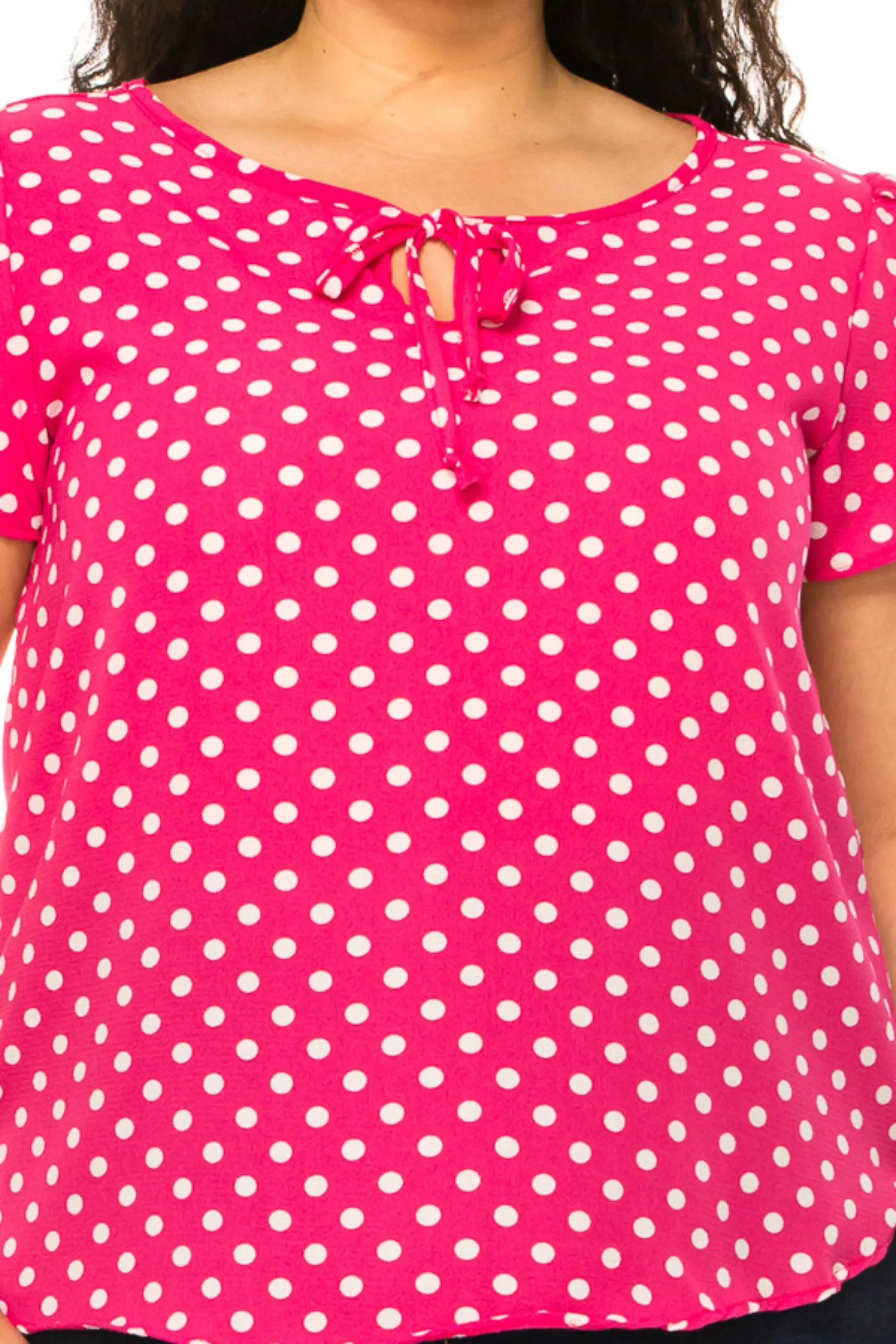 Women's Plus Size Polka Dot Overlapping Short Sleeve Ribbon Accent Top