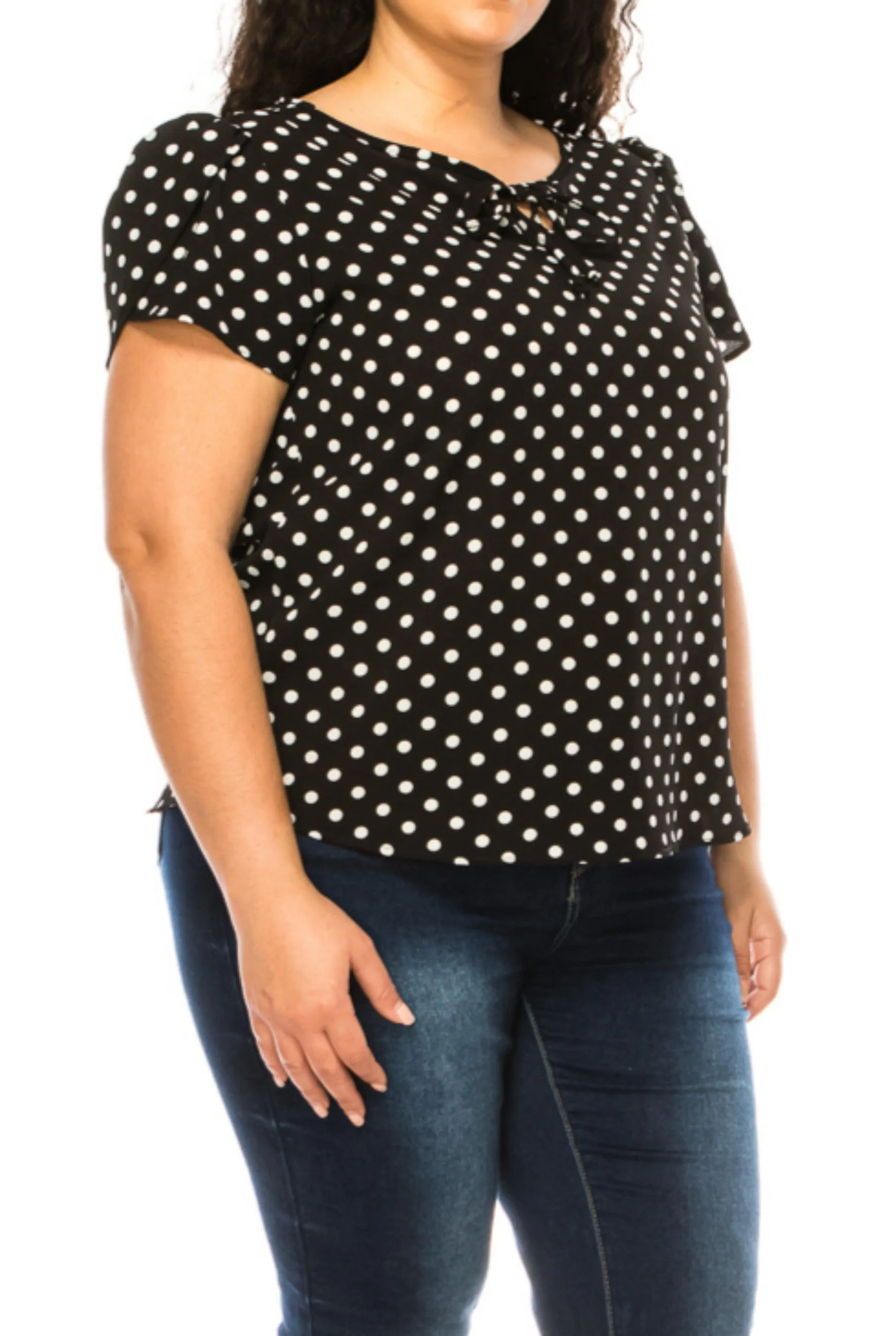 Women's Plus Size Polka Dot Overlapping Short Sleeve Ribbon Accent Top