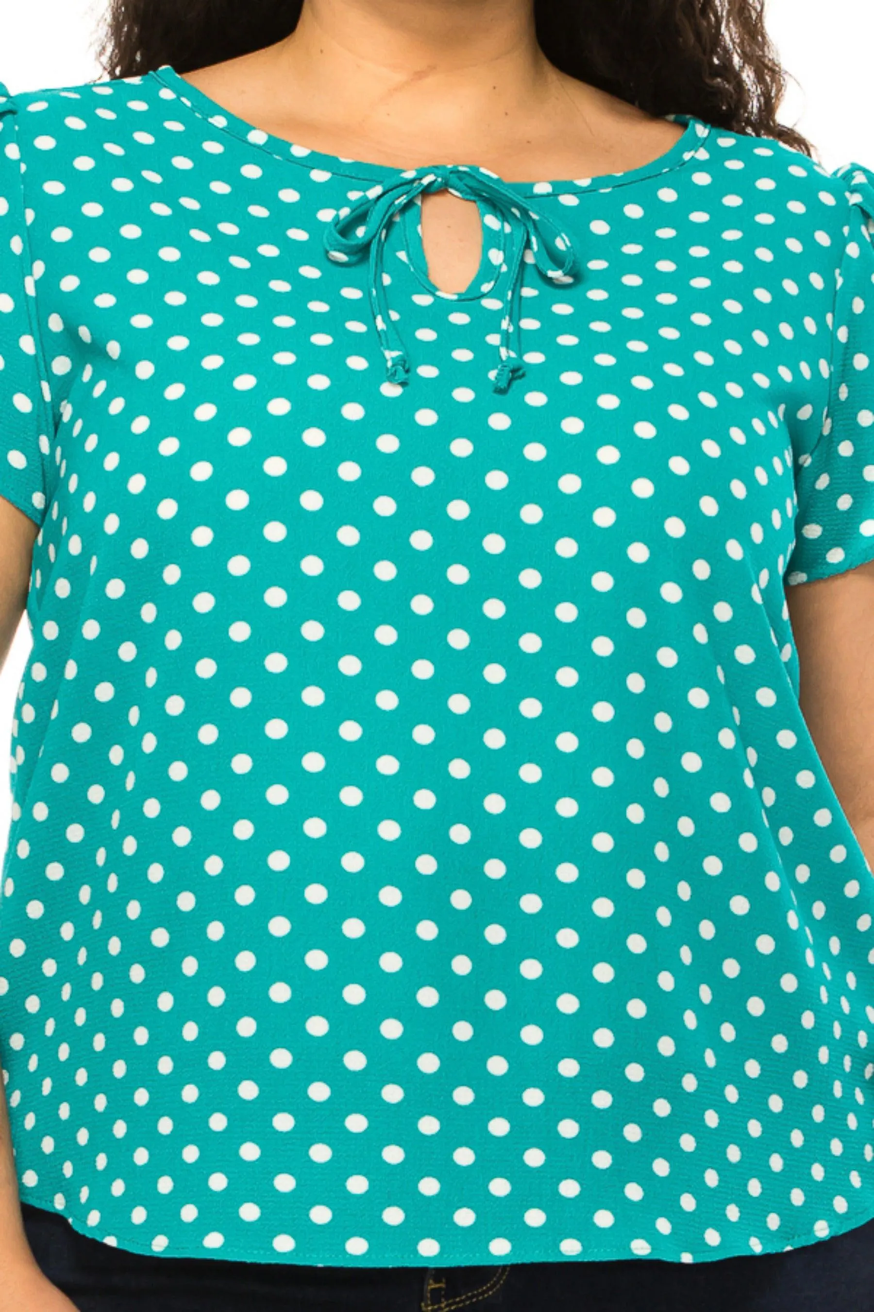 Women's Plus Size Polka Dot Overlapping Short Sleeve Ribbon Accent Top