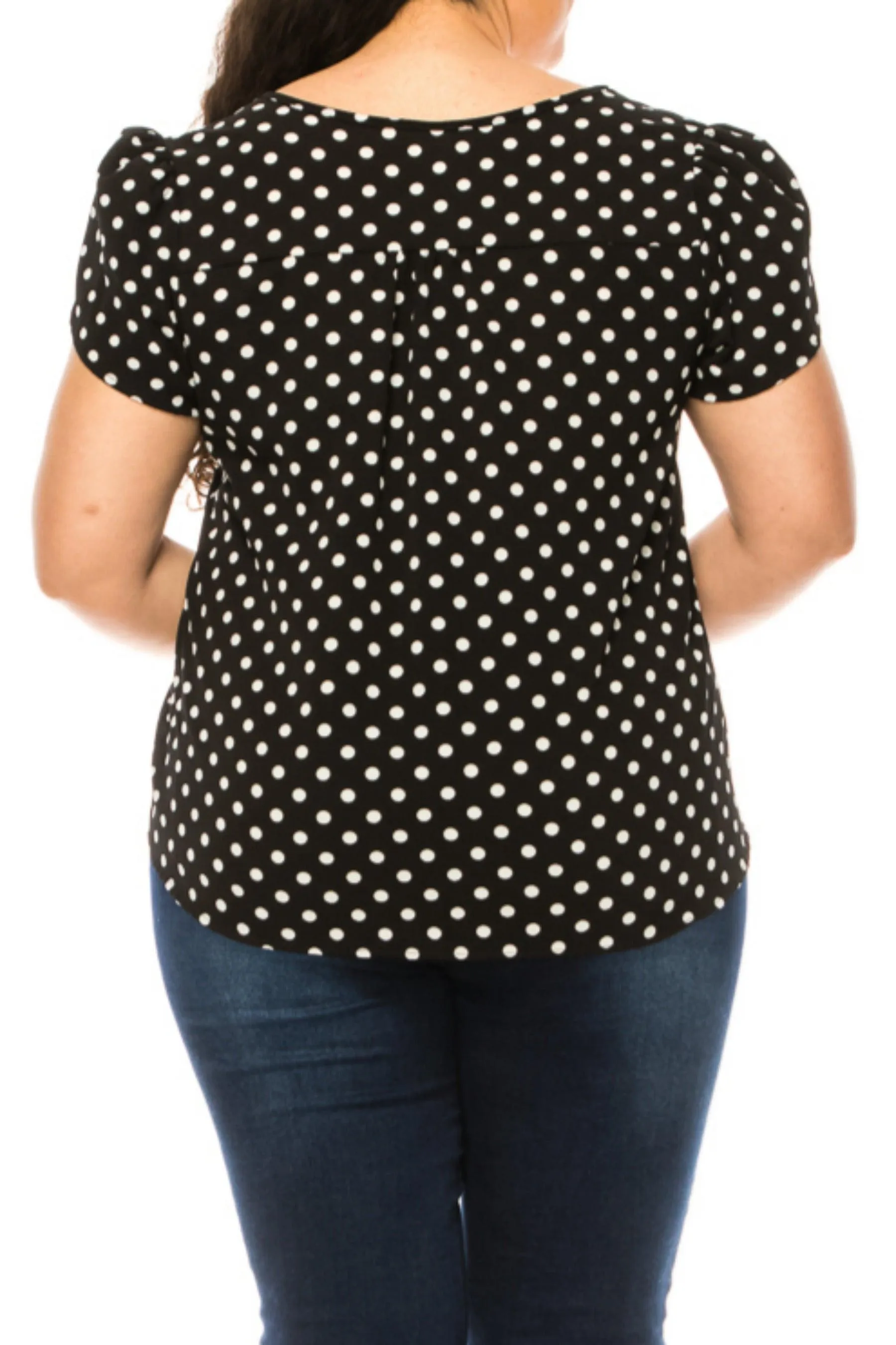 Women's Plus Size Polka Dot Overlapping Short Sleeve Ribbon Accent Top