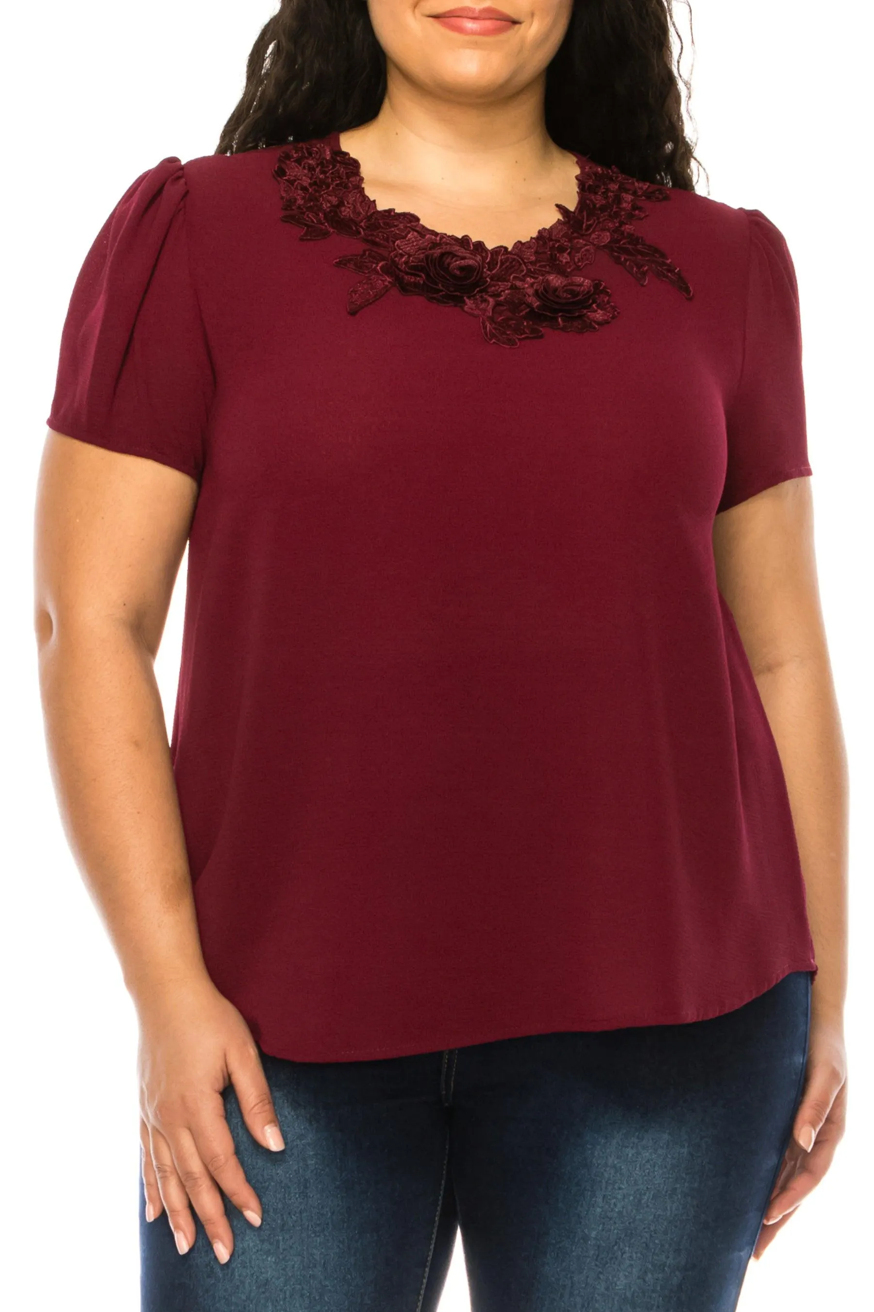 Women's Plus Size Short Sleeve Top with Puff Sleeves Lace Accent Round Neck