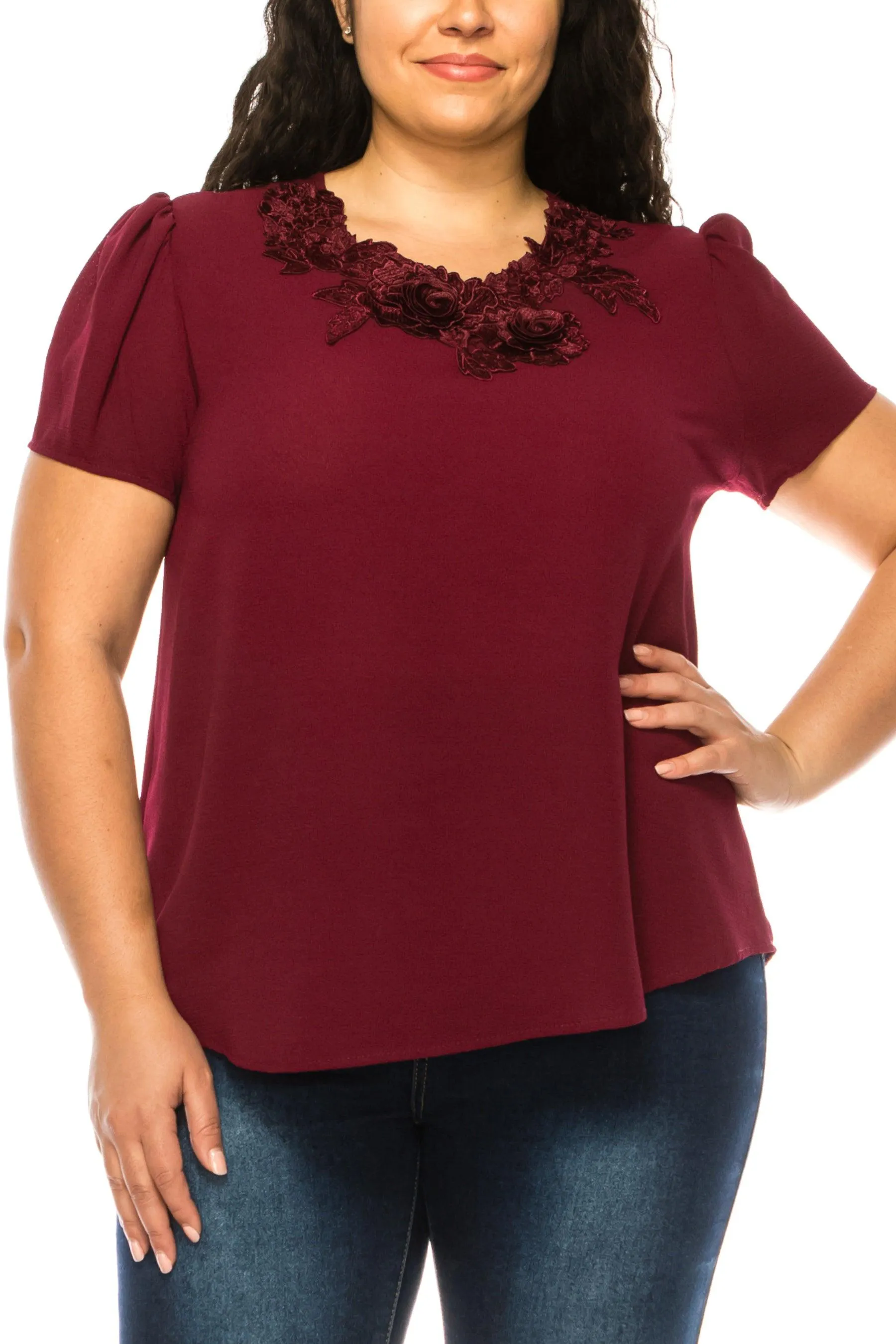 Women's Plus Size Short Sleeve Top with Puff Sleeves Lace Accent Round Neck