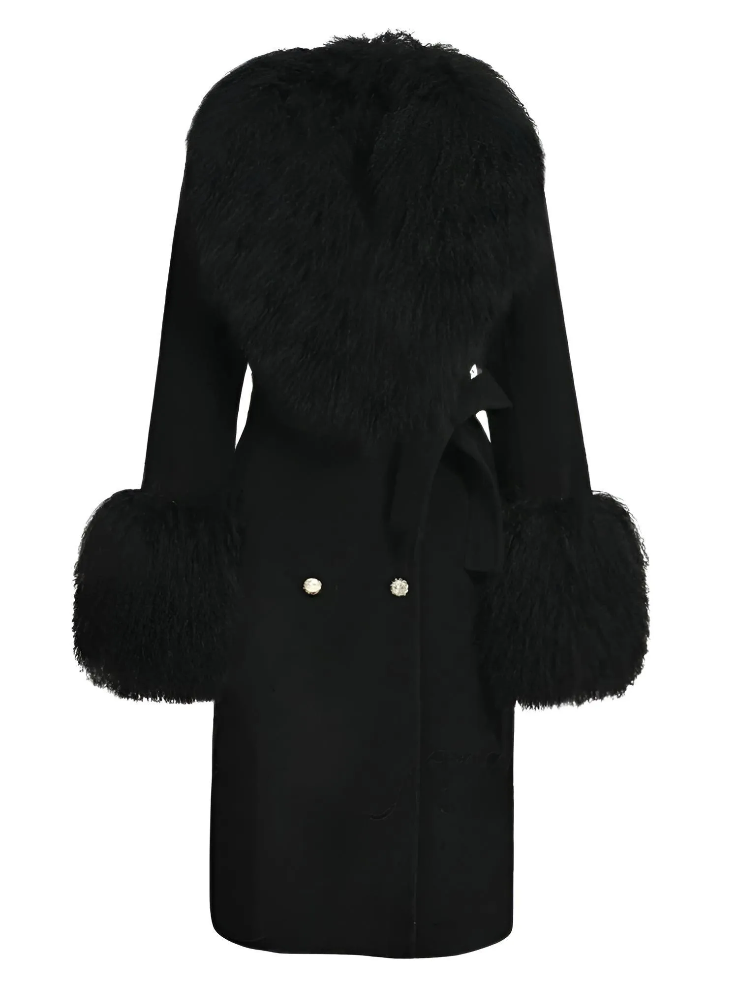 Women's Wool Cashmere Coat With Real Mongolian Sheep Fur Collar and Cuffs Ladies Double Faced Coats Belted Winter Fall Long Coat