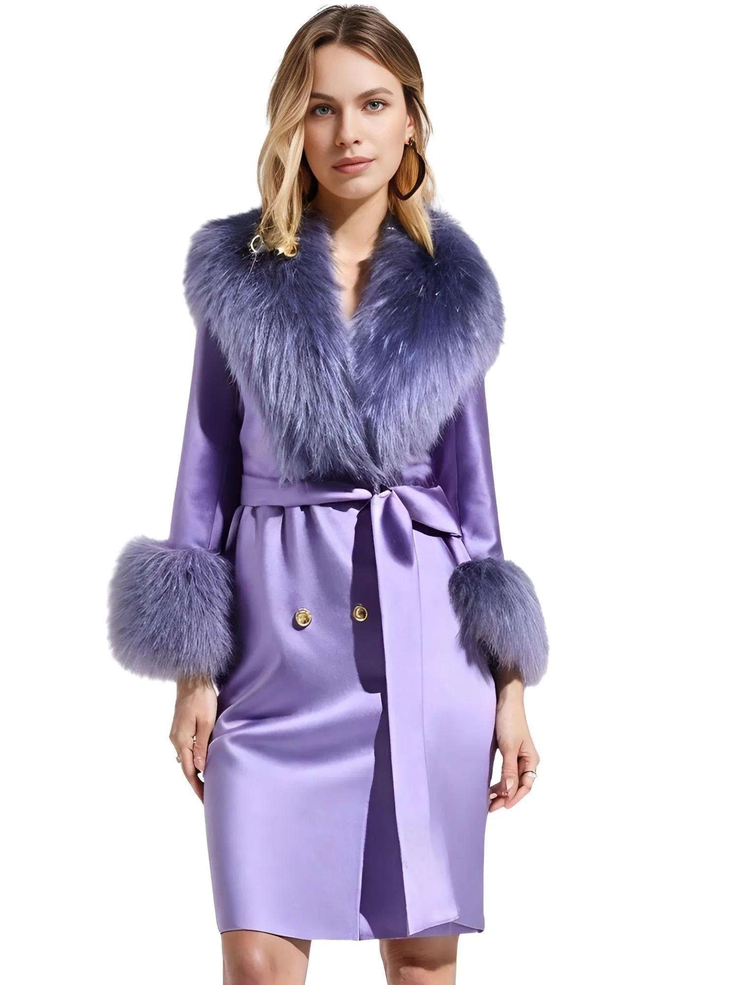 Women's Wool Cashmere Coat With Real Mongolian Sheep Fur Collar and Cuffs Ladies Double Faced Coats Belted Winter Fall Long Coat