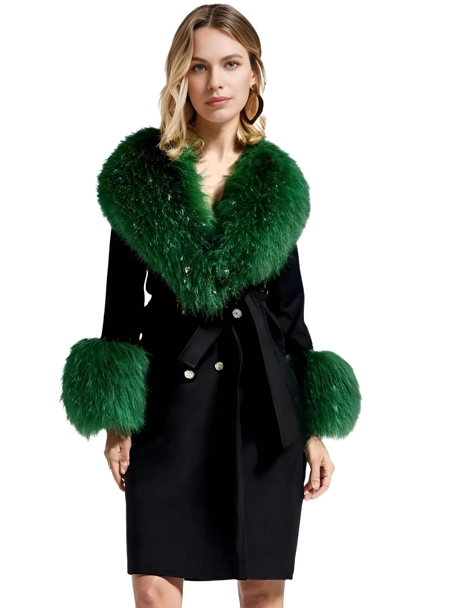 Women's Wool Cashmere Coat With Real Mongolian Sheep Fur Collar and Cuffs Ladies Double Faced Coats Belted Winter Fall Long Coat