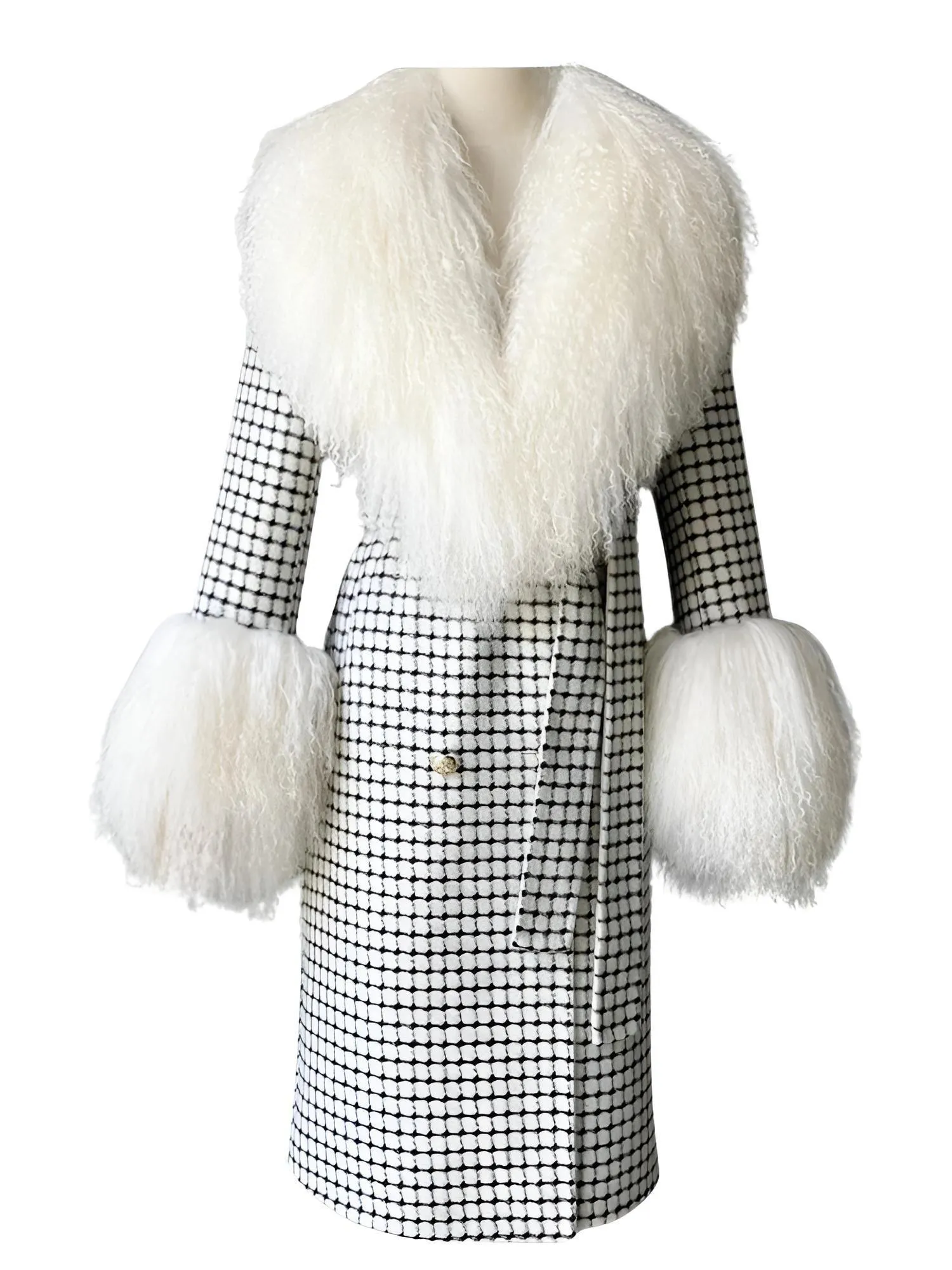 Women's Wool Cashmere Coat With Real Mongolian Sheep Fur Collar and Cuffs Ladies Double Faced Coats Belted Winter Fall Long Coat